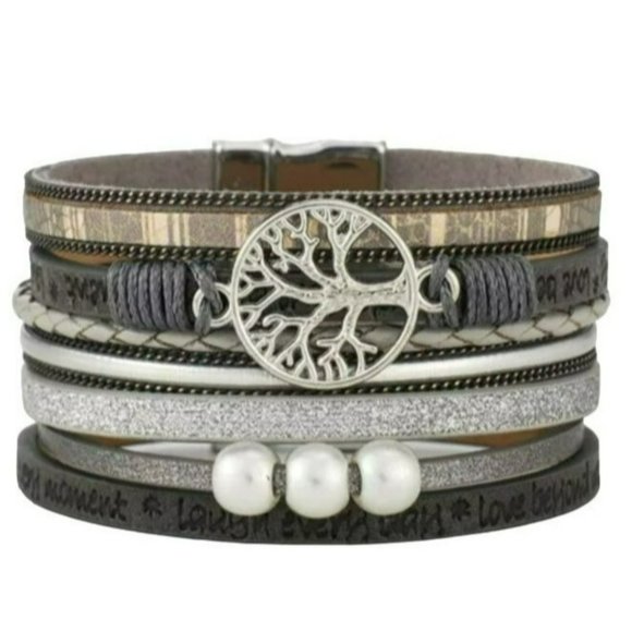 Multy Layers‎ Leather Bangle Magnetic Bracelet for Men and Women 7.5in - Silver - Picture 2 of 11